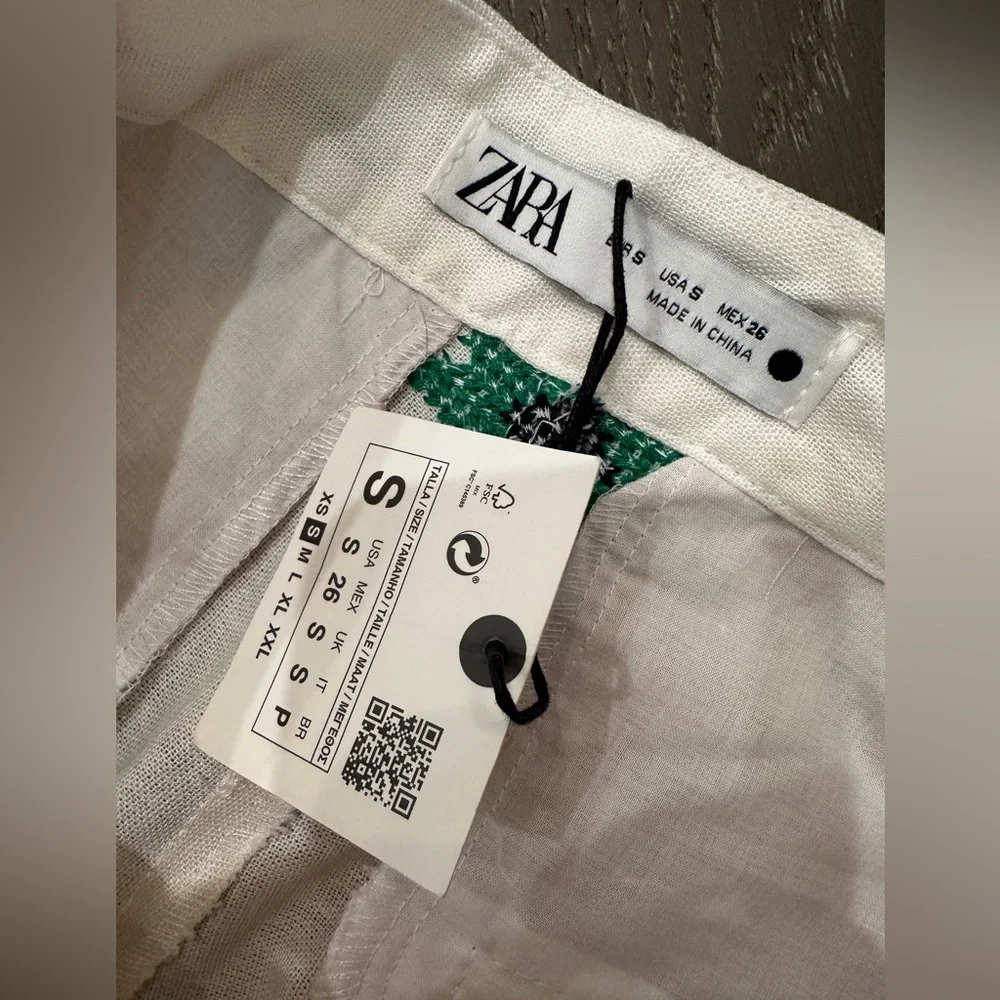 NWT Zara Embroidered Linen Blend Pants | Size S | white black & green - Picture 3 of 4
